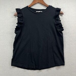 MNG Mango Top Womens Medium Black Ruffle Eyelet Sleeveless Cotton Casual Chic